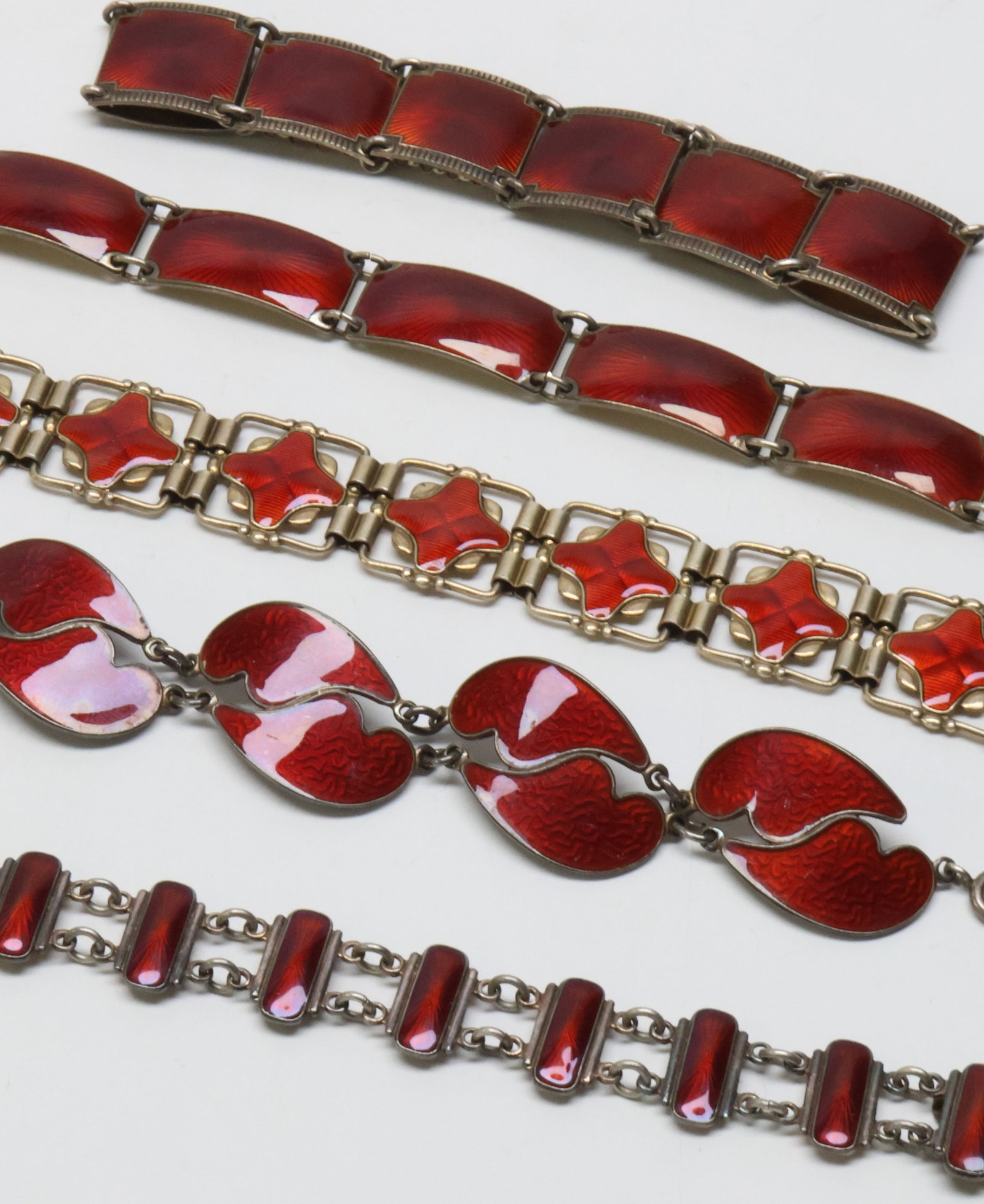 SCANDINAVIAN; Five Modernist Sterling Silver Red Enamel Bracelets (1 of 3)