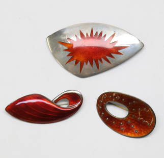 SCANDINAVIAN, VARIOUS MAKERS; Three Sterling Enamel Brooches: 20th Century, Including One By Volmer Bahner and Another By Balle. Sizes 2" To 3", Total Weight 47 Grams.