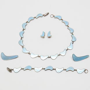 VOLMER BAHNER; Modernist Sterling Silver Blue Enamel Jewelry Suite: Necklace: 15" Long, Bracelet: 7 1/2" Long. Total Weight 59 Grams.