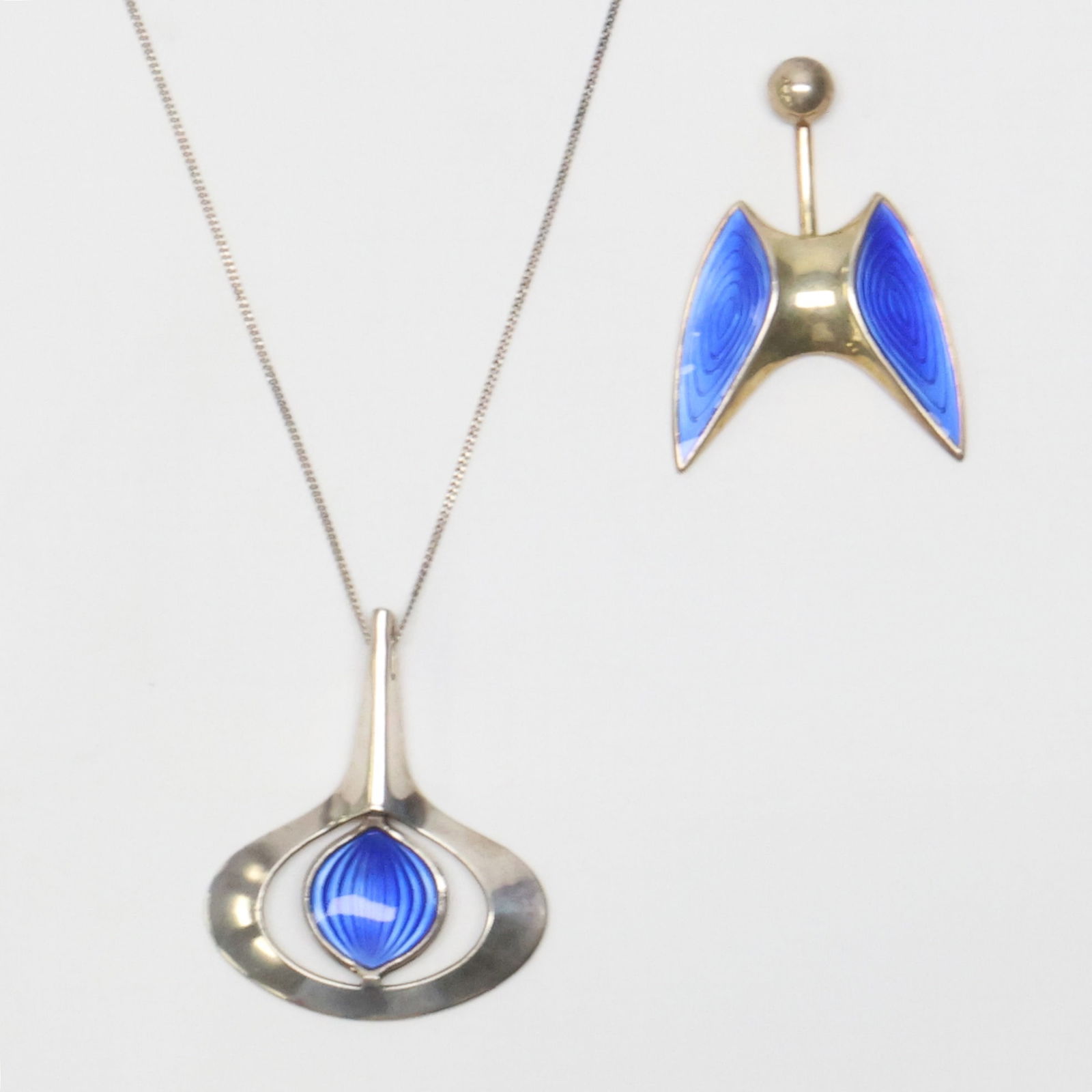 SCANDINAVIAN; Two Modernist Sterling Silver Blue Enamel Pendants (1 of 3)