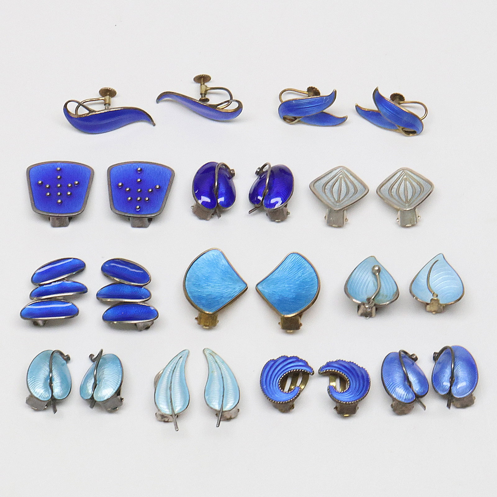 SCANDINAVIAN; Twelve Pair Modernist Sterling Silver Blue Enamel Earrings (1 of 2)