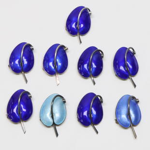 VOLMER BAHNER; Nine Modernist Sterling Silver Blue Enamel Brooches: Denmark, 20th Century. One with Damage and Missing Stem. Total Weight 114 Grams.