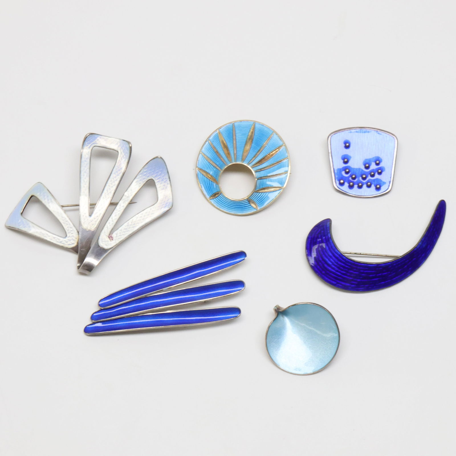 SCANDINAVIAN; Six Modernist Sterling Silver Blue Enamel Brooches (1 of 2)