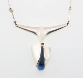 BJORN WECKSTROM FOR LAPPONIA; Modernist Sterling And Acrylic Necklace: Pendant 2" overall width, length 16.75", weight 24 grams.