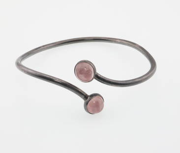 NIELS ERIK FROM, DENMARK; Modernist Sterling Rose Quartz Bracelet: Interior diameter approximately 2.5", out of round, 17 grams.