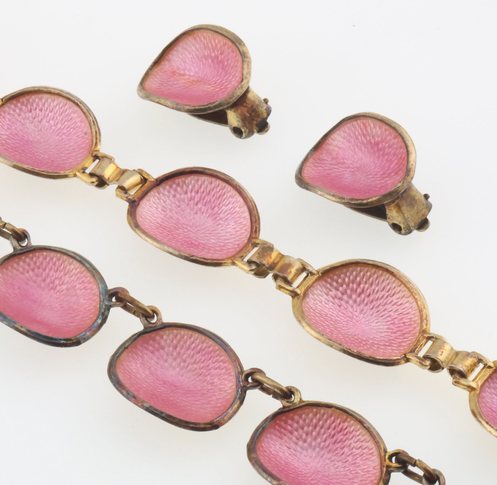 NORWAY; Modernist Pink Enamel Sterling Silver Jewelry Suite (1 of 3)