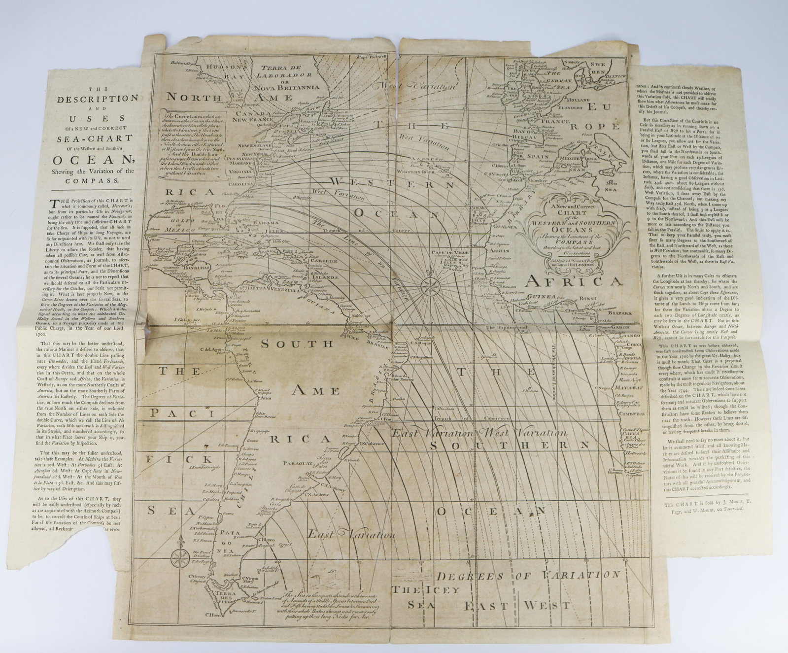 A New and Correct Sea-Chart of the Western and Southern Ocean, 18thC: Edmund Halley, London, 18th century. Lower right: This CHART is Sold by J. Mount, T. Page, and W. Mount, on Tower-hill. With splits and losses. Overall size appx. 24" x 29".