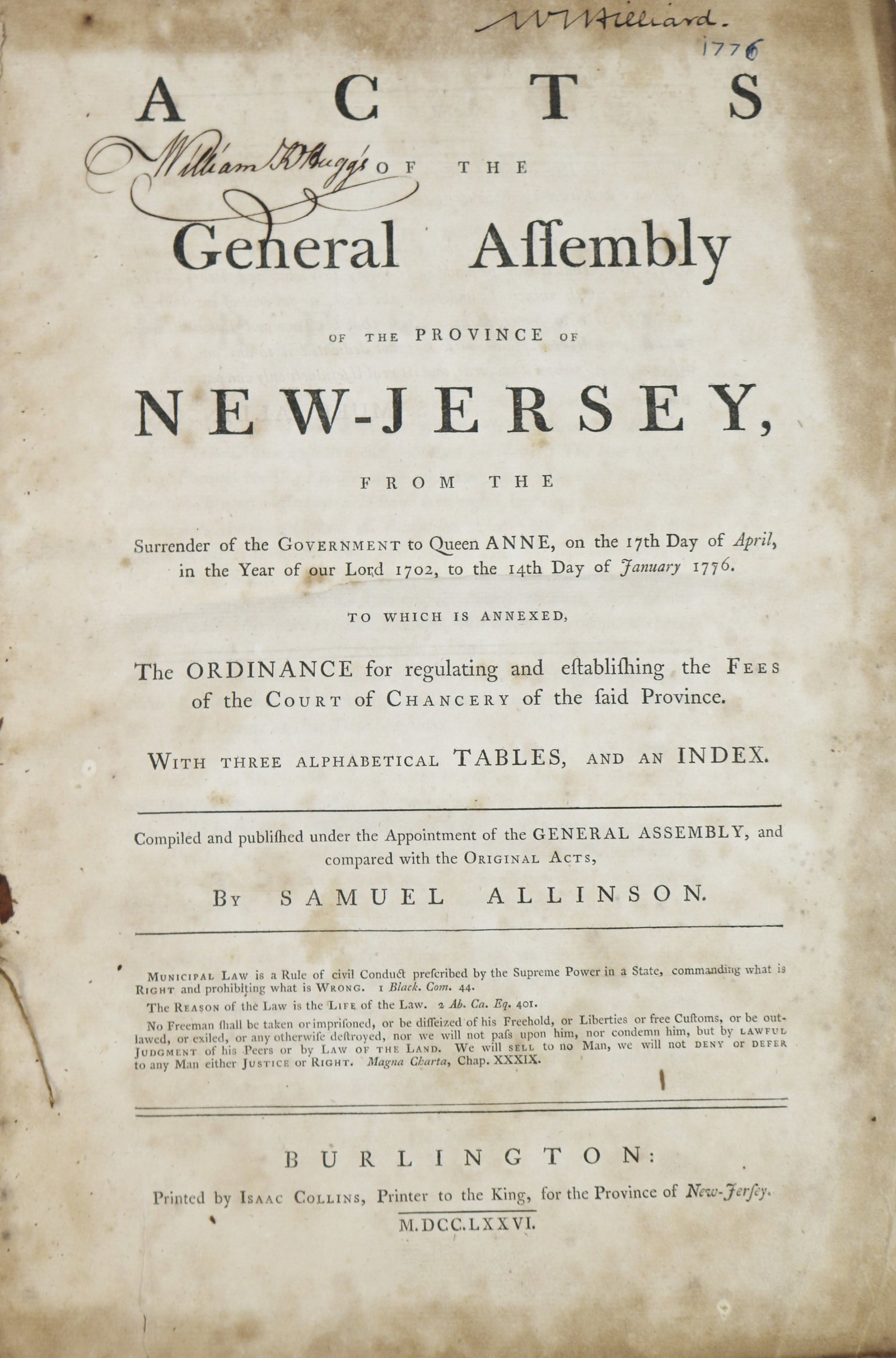 Acts of the General Assembly of New Jersey, Printed 1776 (1 of 6)