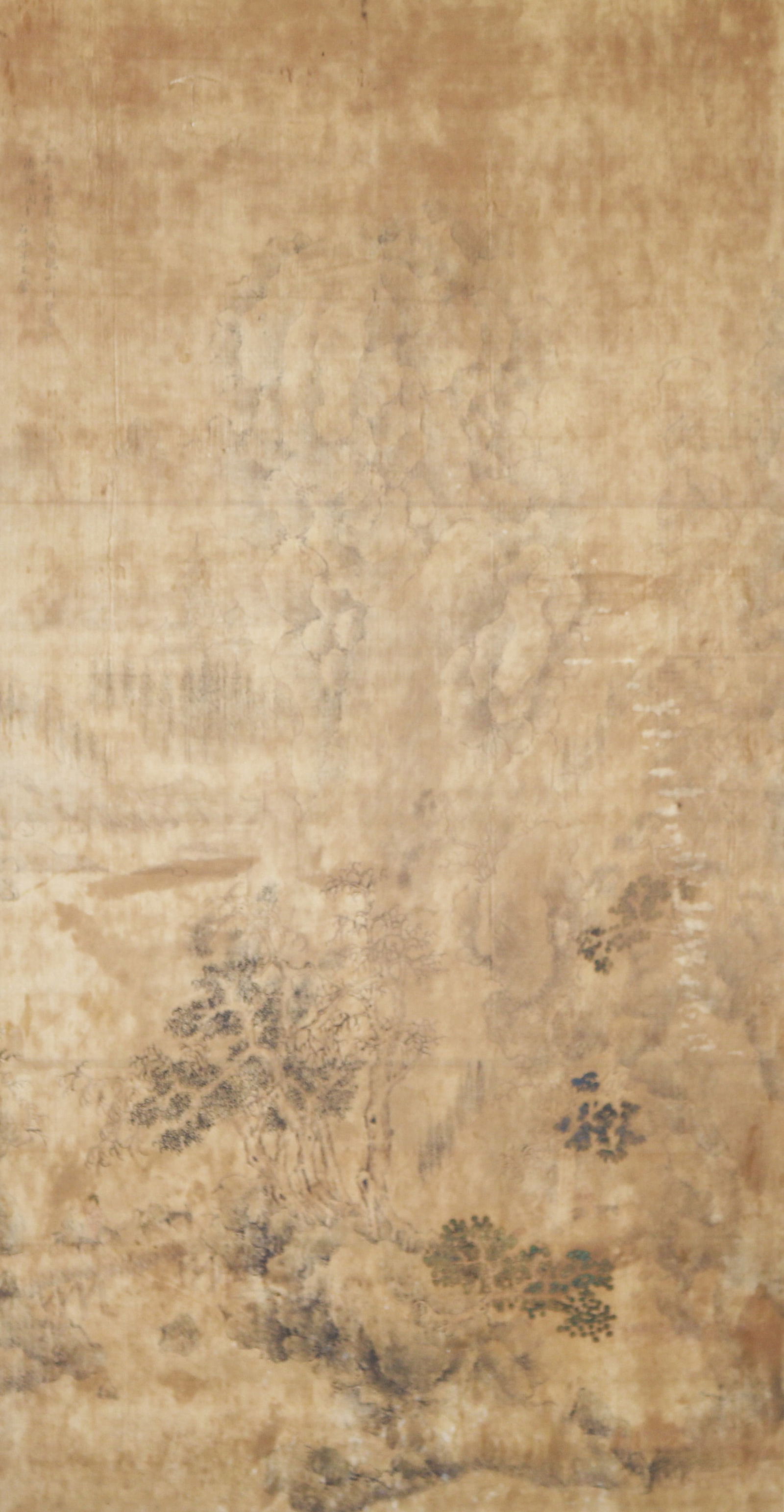 Attributed to Wang Hui (1632-1717) Chinese watercolor landscape painting: In poor condition with fading and losses and laid down to board. Antique frame included. Painting approximately 33" x 63 1/2", framed 41 1/2" x 76 1/4". Provenance: Kent County, Delaware estate. For m