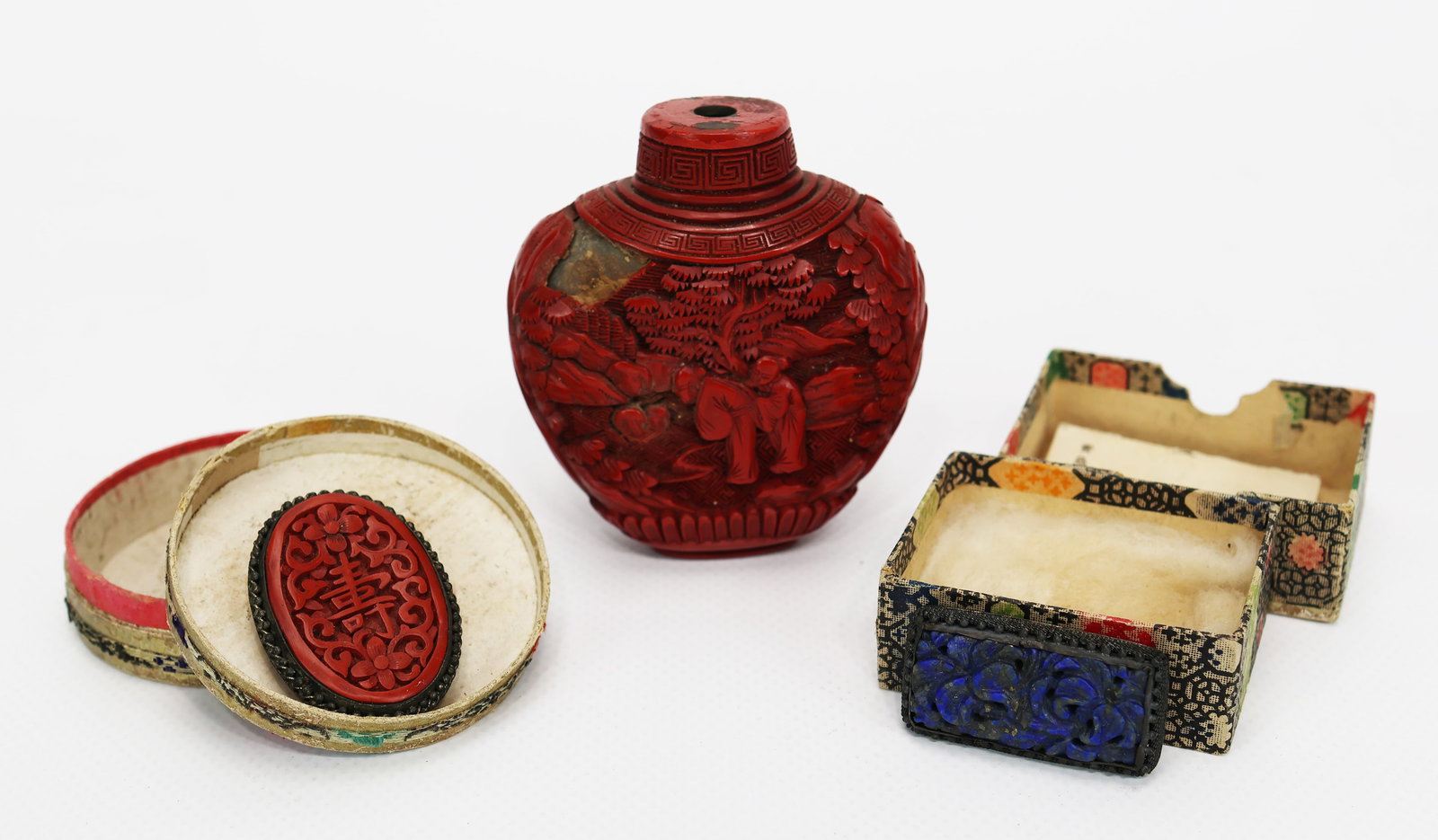 Chinese cinnabar snuff bottle and lapis and cinnabar silver jewelry (1 of 8)