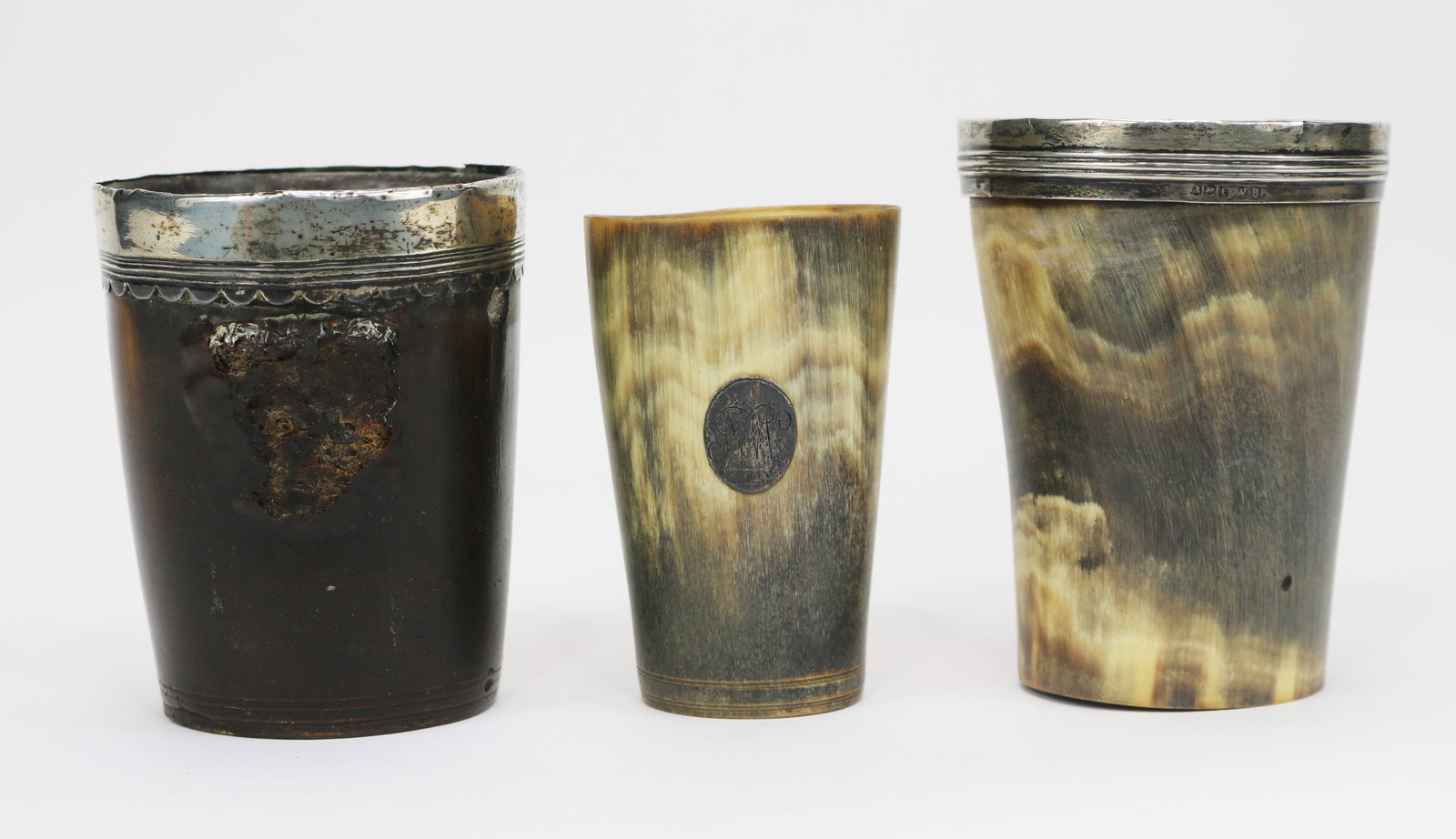 (3) Antique silver mounted horn beakers (1 of 7)