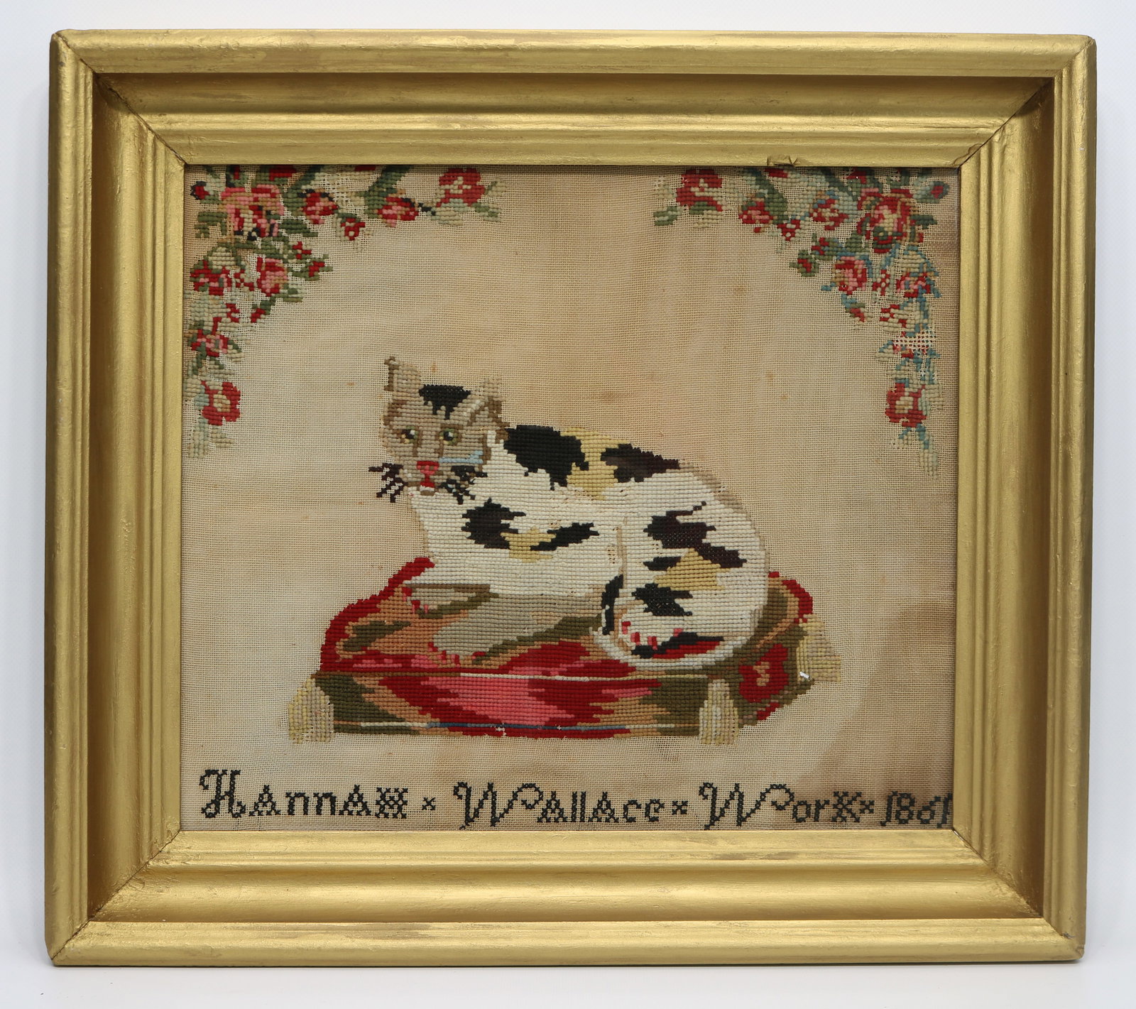 Pennsylvania woolwork needlework picture of a cat, Hannah Wallace 1861 (1 of 4)