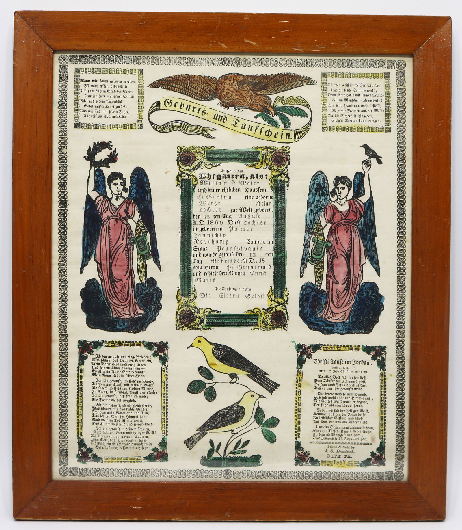J.S. Dreisbach Bath, Pennsylvania 1857 partly printed Geburts und Taufschein (1 of 4)