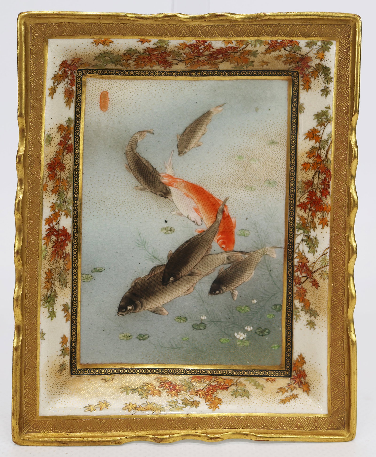 Japanese Meiji Period satsuma pottery carp and koi pin tray (1 of 6)