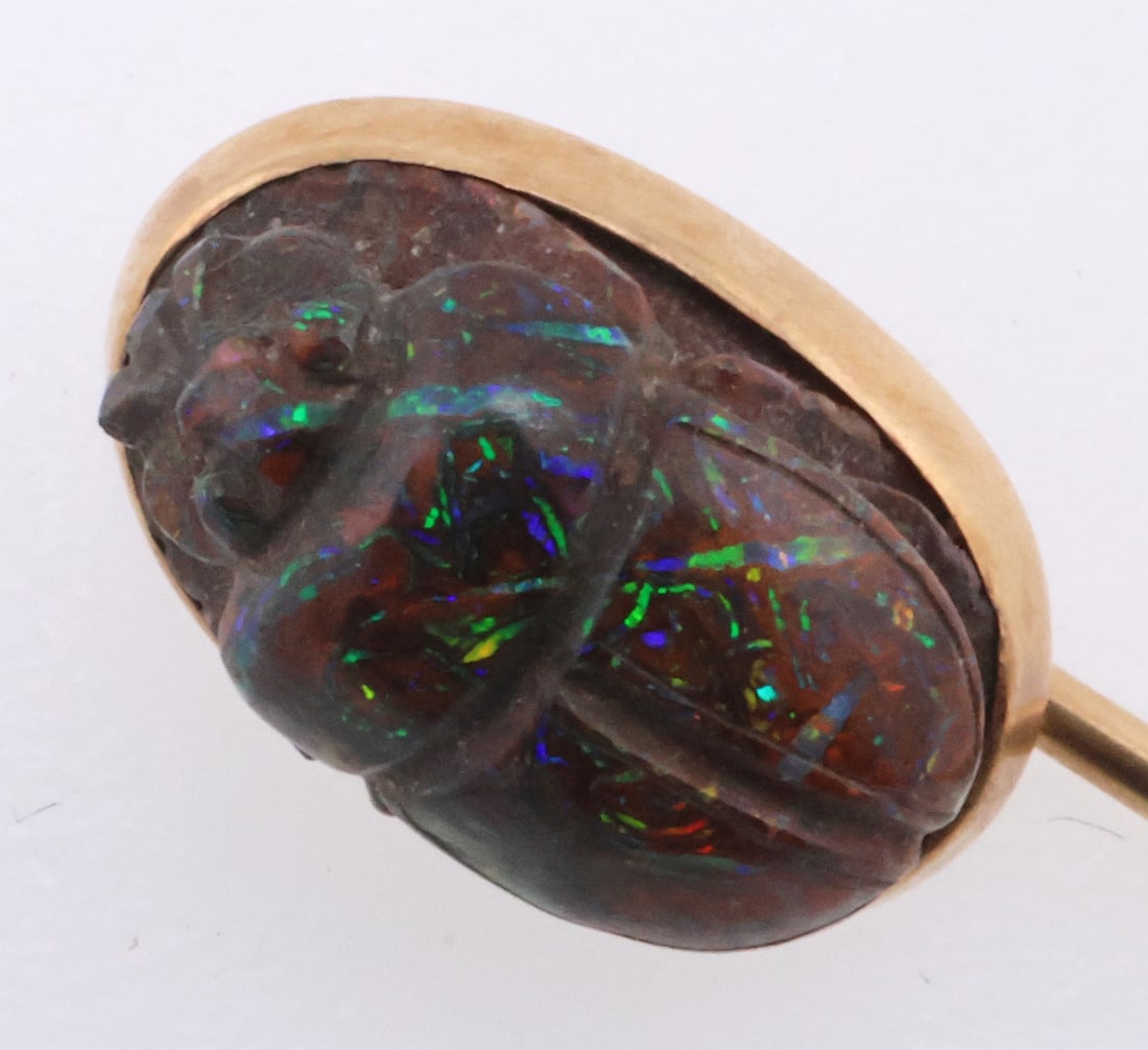 14k Gold Vintage Carved Brown Opal Scarab Stick Pin 2.1g (1 of 4)