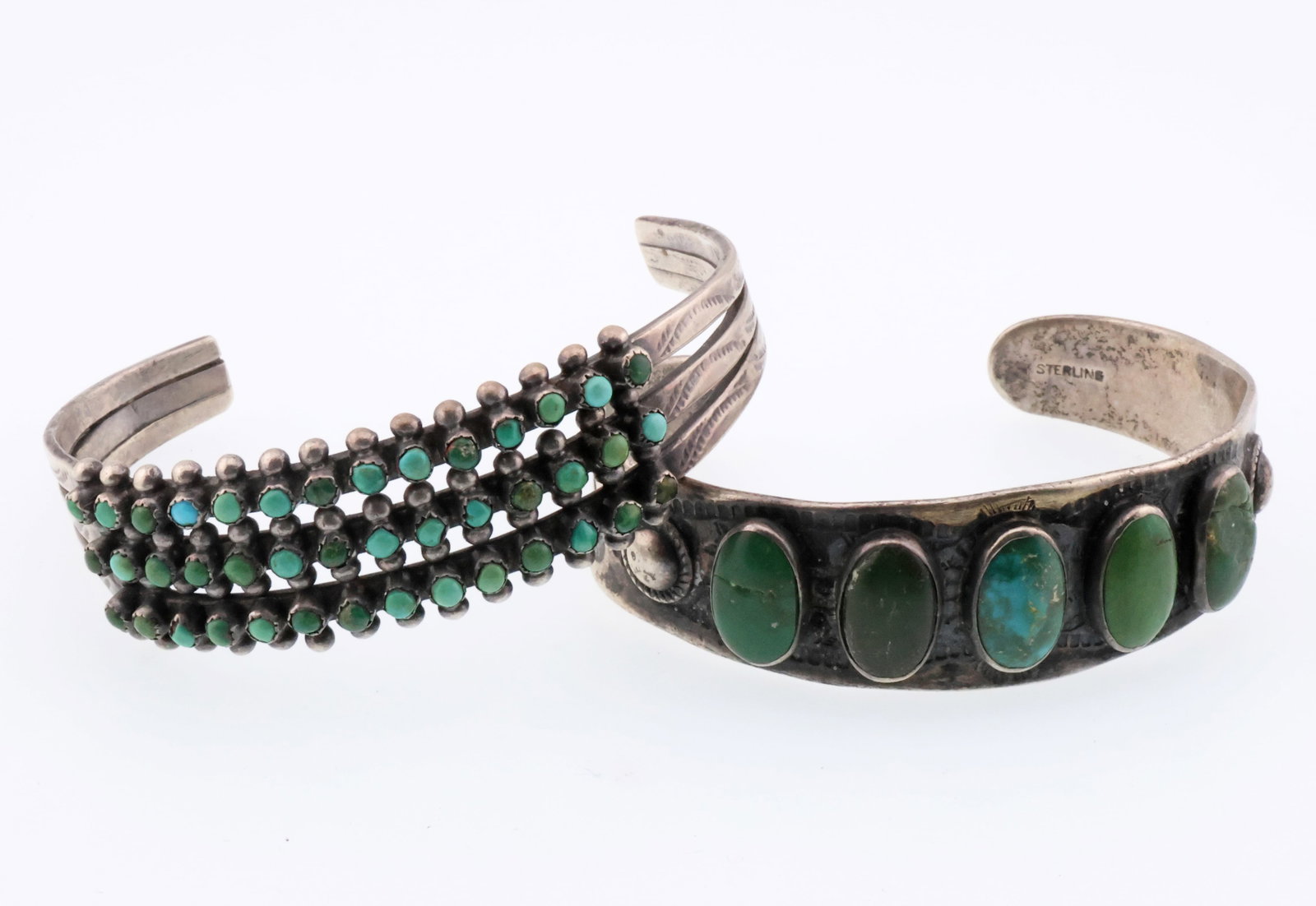 NATIVE AMERICAN; Two Old Pawn Era Silver Turquoise Cuff Bracelets (1 of 5)