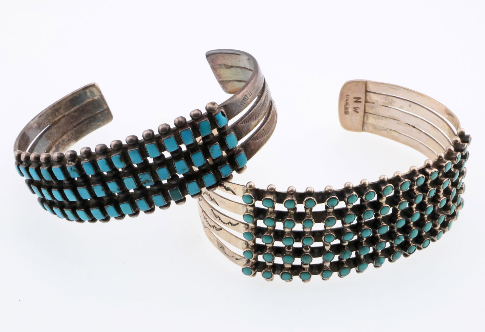 NATIVE AMERICAN; Two Silver And Turquoise Cuff Bracelets (1 of 5)