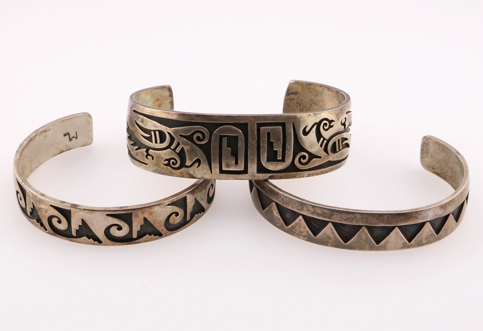 NATIVE AMERICAN; Three Sterling Silver Cuff Bracelets (1 of 5)