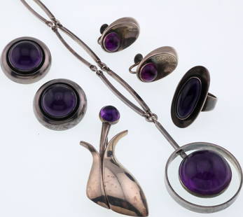 Niels Erik From; Sterling Silver and Amethyst Modernist Jewelry Group: Denmark, 20th Century. Necklace Length 18.25 Inches, Brooch 2.125 Inches Long. Total Weight 79 Grams. Good Condition.