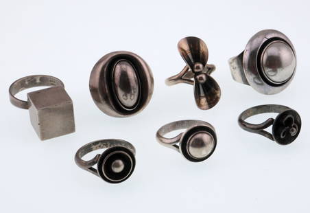 Niels Erik From; Seven Sterling Silver Modernist Rings: Denmark, 20th Century. Various Sizes. Total Weight 47 Grams. Good Condition.