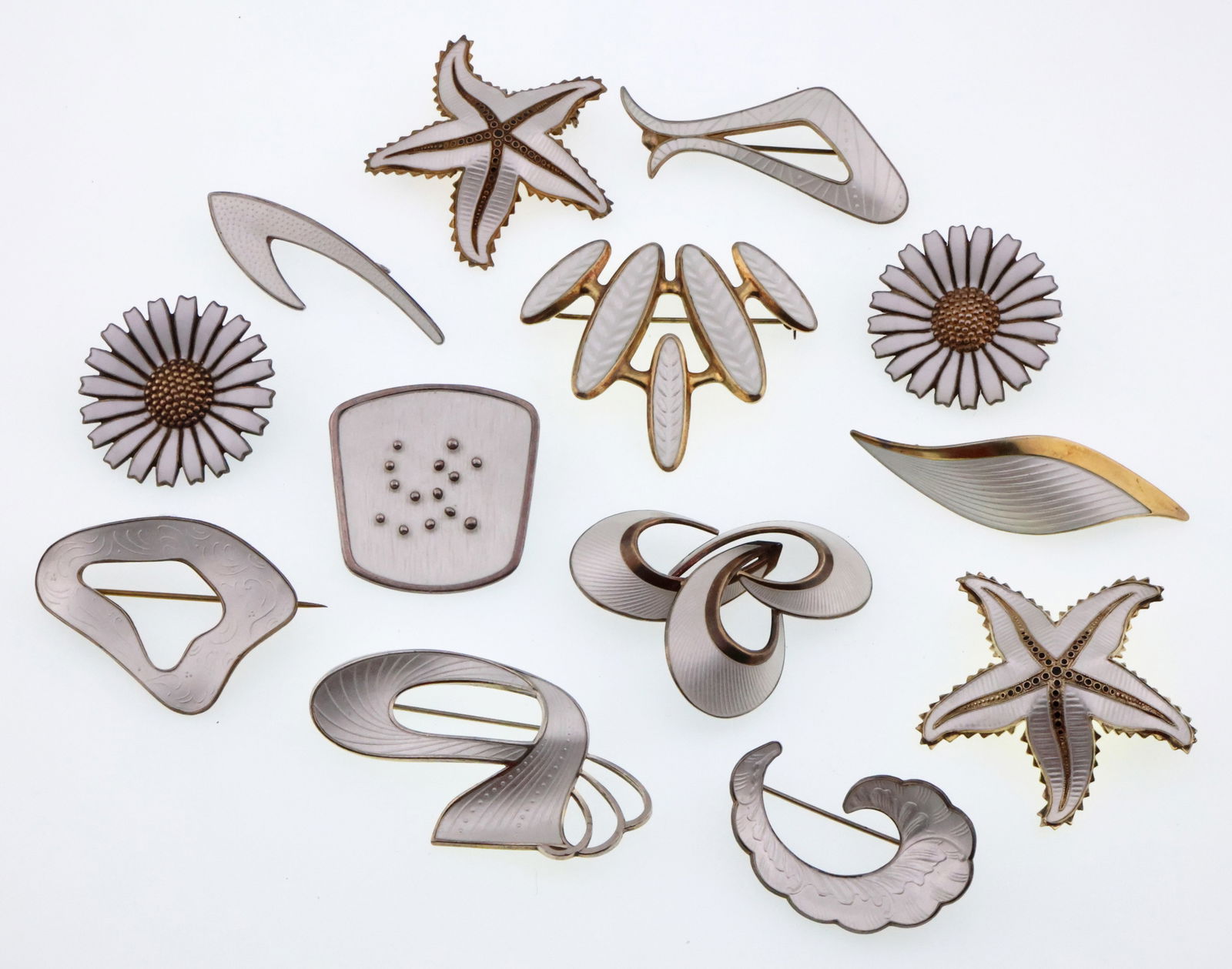 Scandinavian; Thirteen Sterling Silver Modernist White Enamel Brooches (1 of 3)