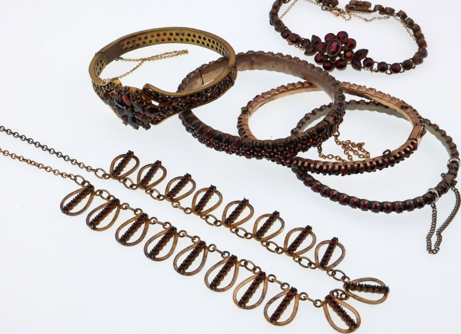 Bohemian; Group of Gilt Metal and Garnet Jewelry: Various Sizes. Some Clasps May Need Repair, Some Stones with Imperfections But None Missing.
