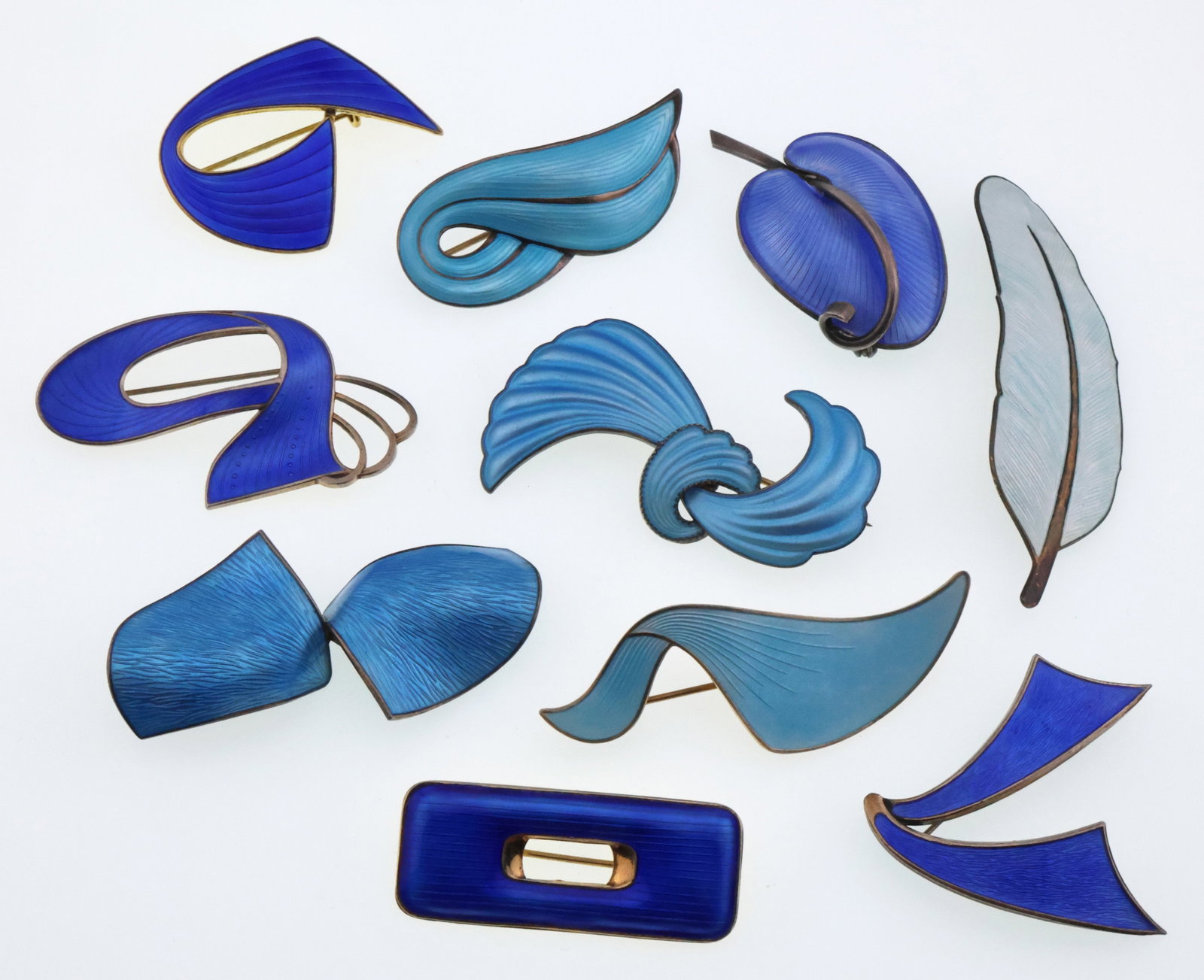 Scandinavian; Ten Modernist Sterling Silver Blue Enamel Brooches: Various Sizes, Total Weight 99 Grams. Good Condition with Some Minor Imperfections