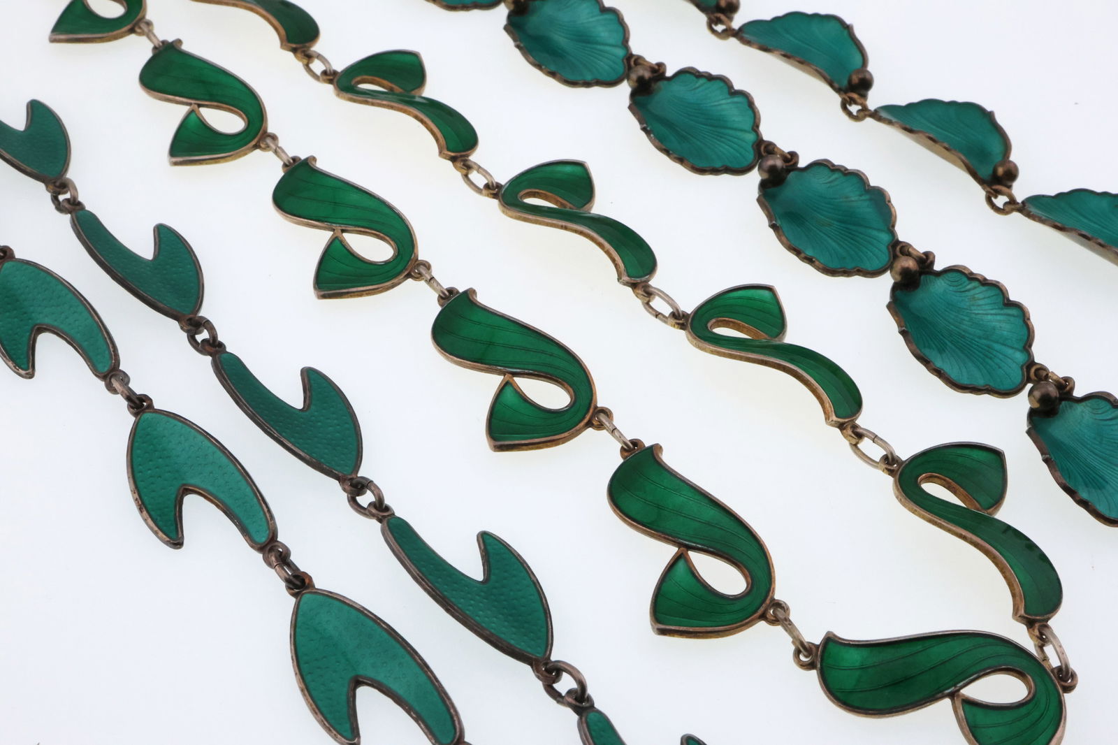 Scandinavian; Three Modernist Sterling Silver Green Enamel Necklaces (1 of 4)
