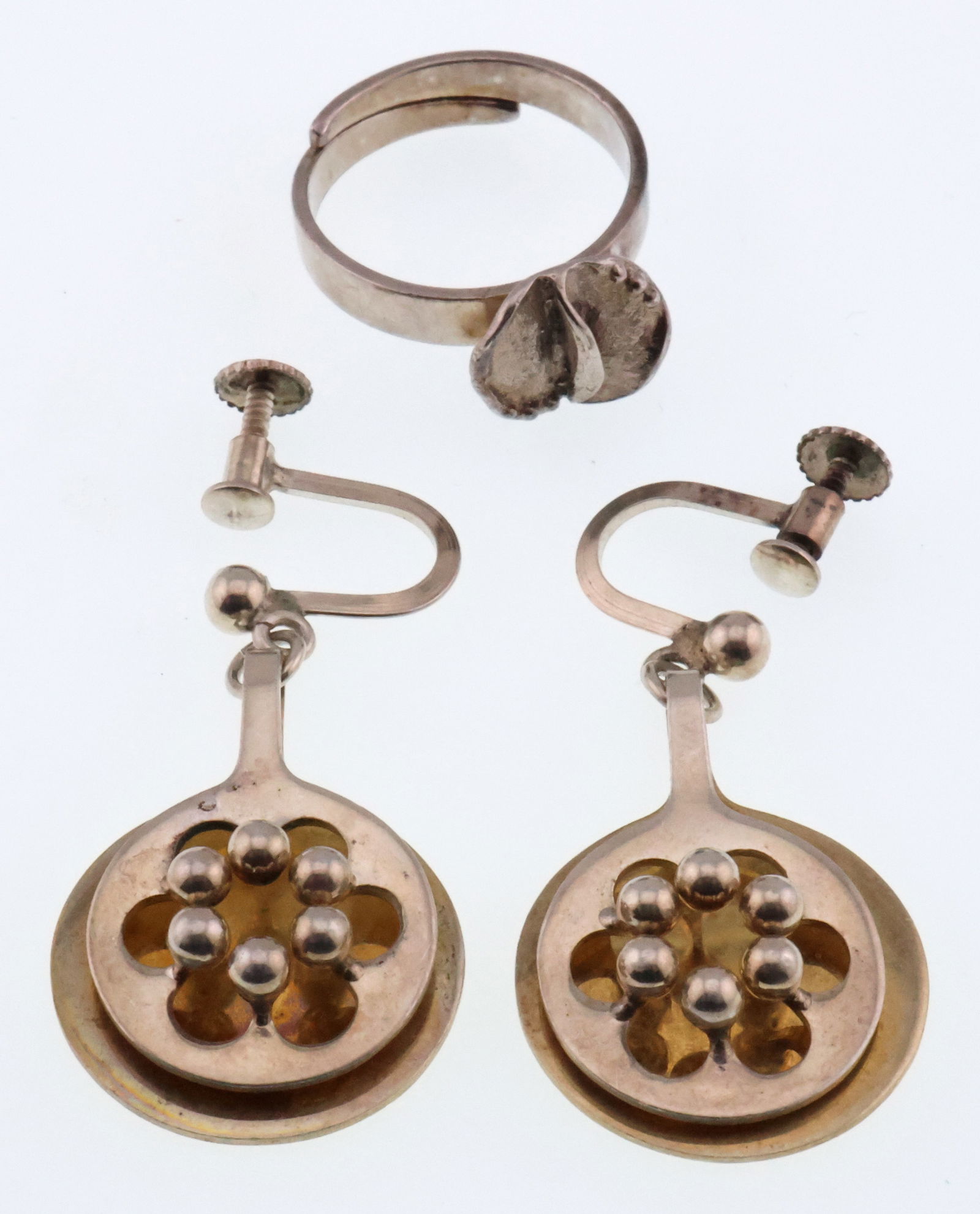 Theresia Hvorslev, Sweden; Modernist Sterling Silver Ring and Earrings: Total Weight 12 Grams. Good Condition with Minor Imperfections.