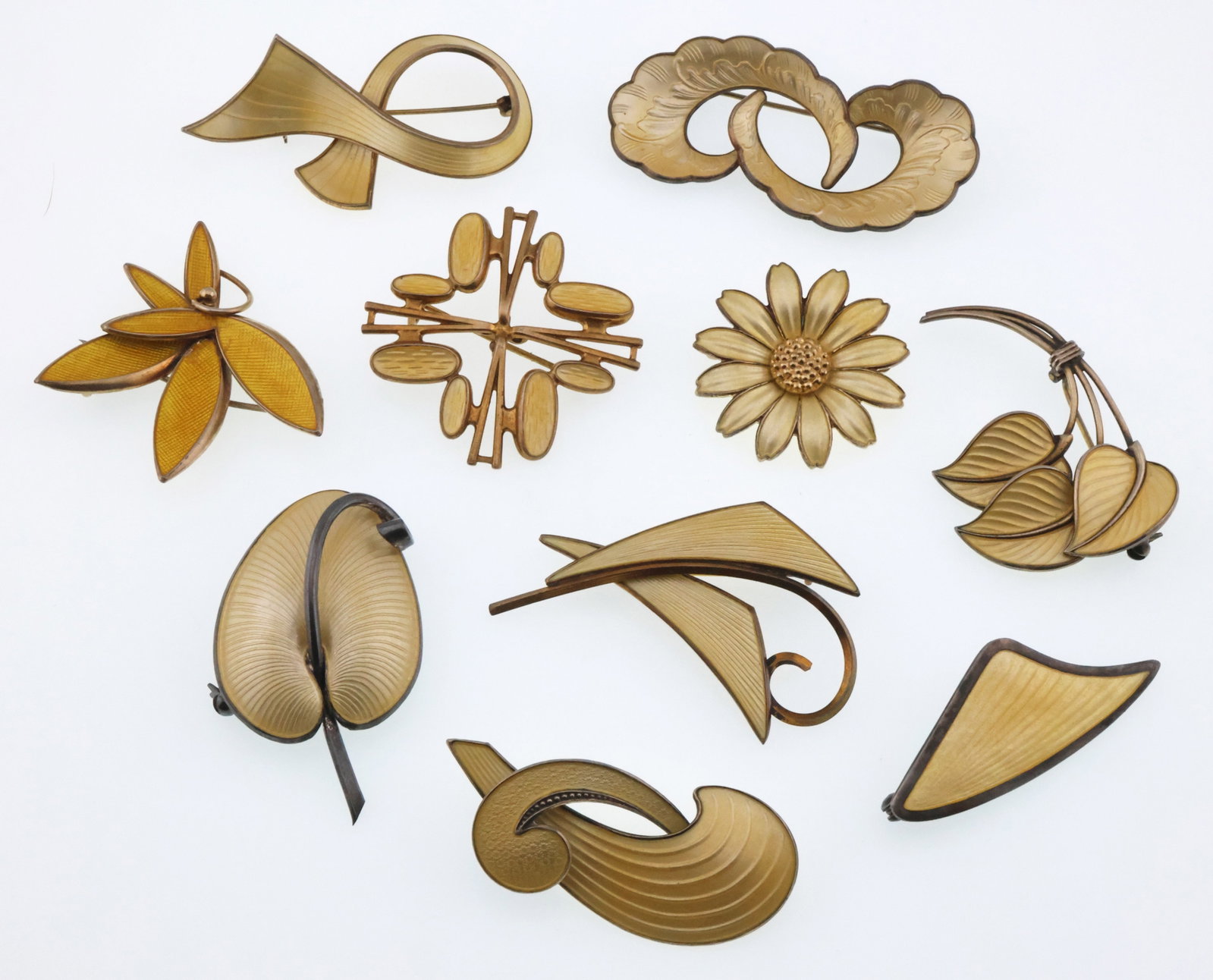 Scandinavian; Ten Modernist Sterling Silver Yellow Enamel Brooches: Total Weight 90 Grams. Good Condition with Minor Imperfections.