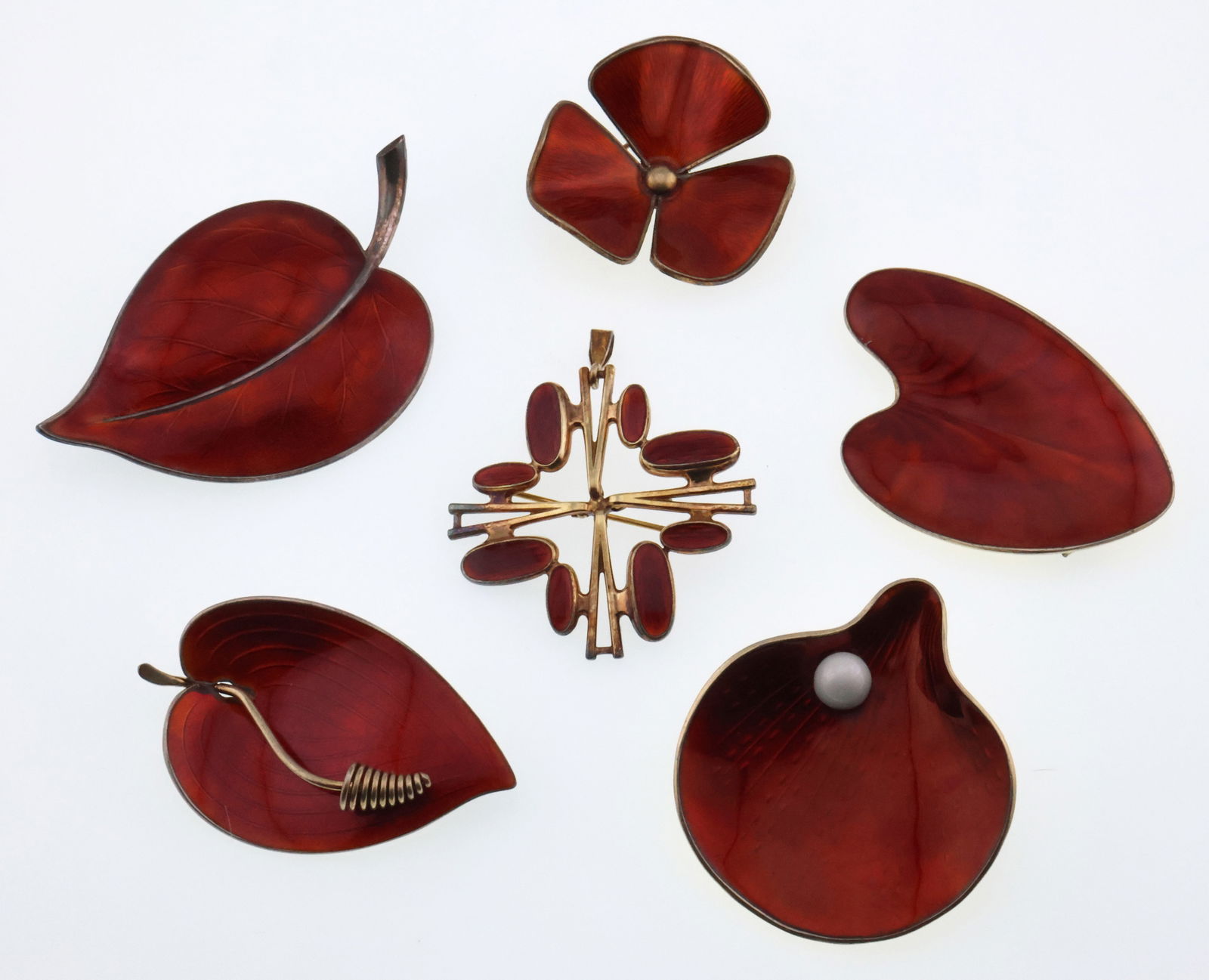 Scandinavian; Six Modernist Sterling Silver Red Enamel Brooches (1 of 2)