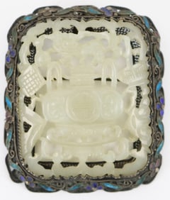 Chinese silver filigree mounted carved celadon jade pendant