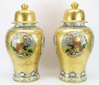 Pair Japanese Satsuma Pottery Dome-Lidded Jars