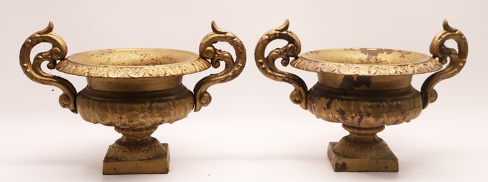 Pair Victorian diminutive cast iron garden urns