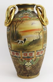 Nippon porcelain 15-inch triple ring-hangled hunting dog vase
