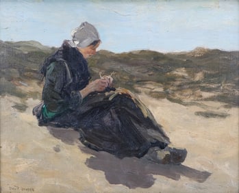 Charles P. Gruppe (1860-1940 CT) oil painting of woman knitting