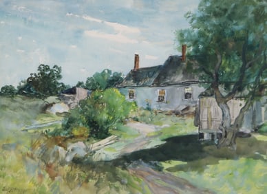 Charles P. Gruppe (1860-1940 CT) watercolor painting of cottage