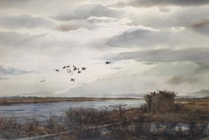 Milton C. Weiler (NJ 1910-1974) "Black Duck Over the Inlet Blind" watercolor painting