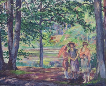 William Malherbe (1884-1951 France) Impressionist oil on board of ladies in forest