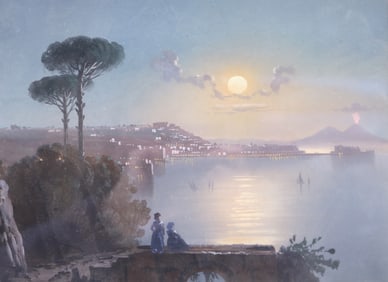 Italian School watercolor and gouache painting of a coastal scene