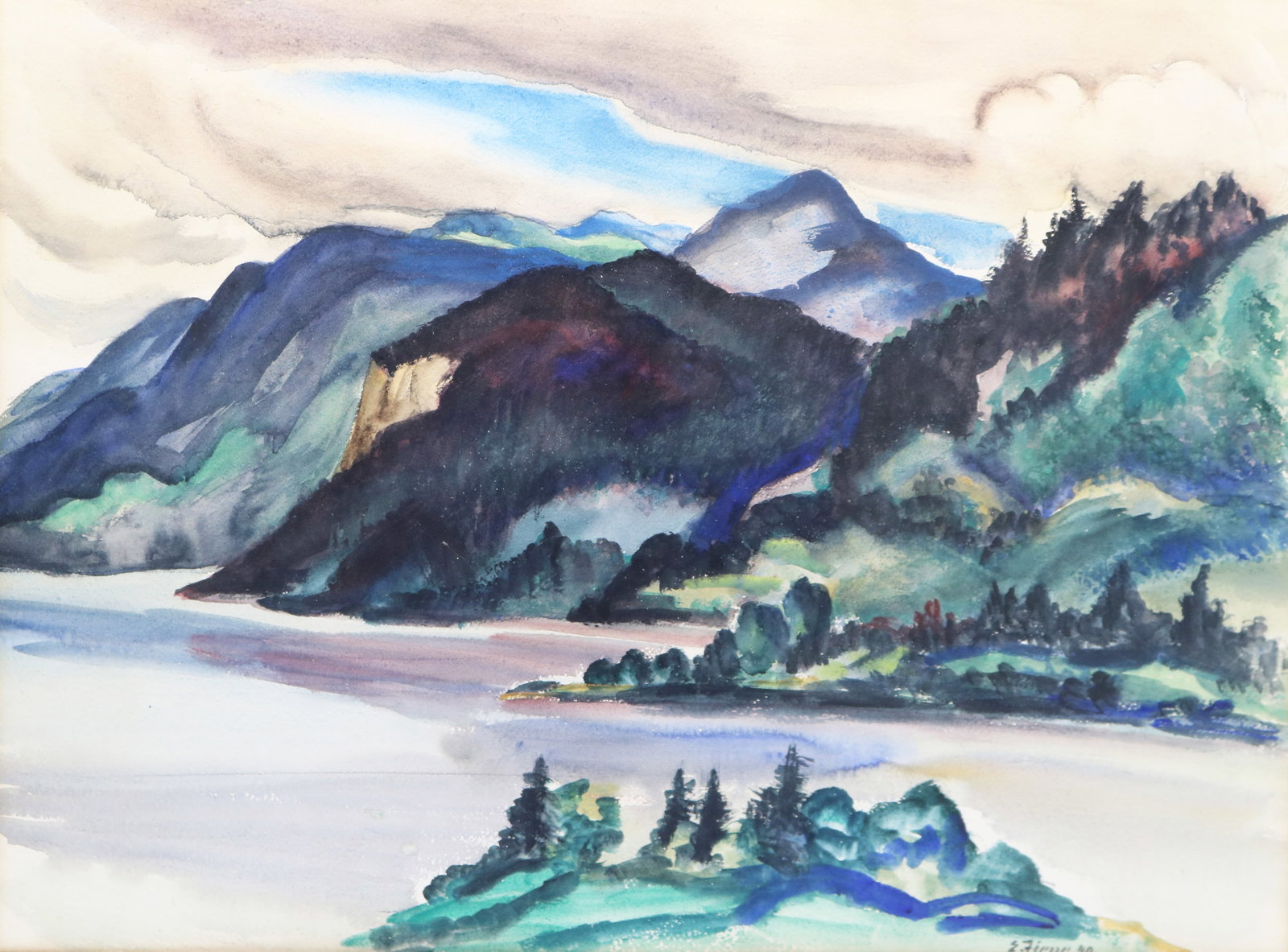 Ernest Fiene (NY 1894-1965) "Lake George" watercolor landscape painting: Sight size approximately 22" x 29.5". Exhibition labels verso. Framed size 32.5" x 39". Framing in poor condition, painting appears to be good.