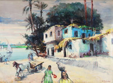 Hosni El Banani (Egypt 1912-1989) oil on canvas coastal village painting