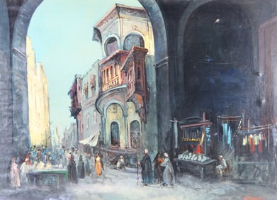 Hosni El Banani (Egypt 1912-1989) oil on canvas street market painting