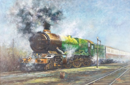 Vintage oil on canvas painting of a locomotive signed Richaud