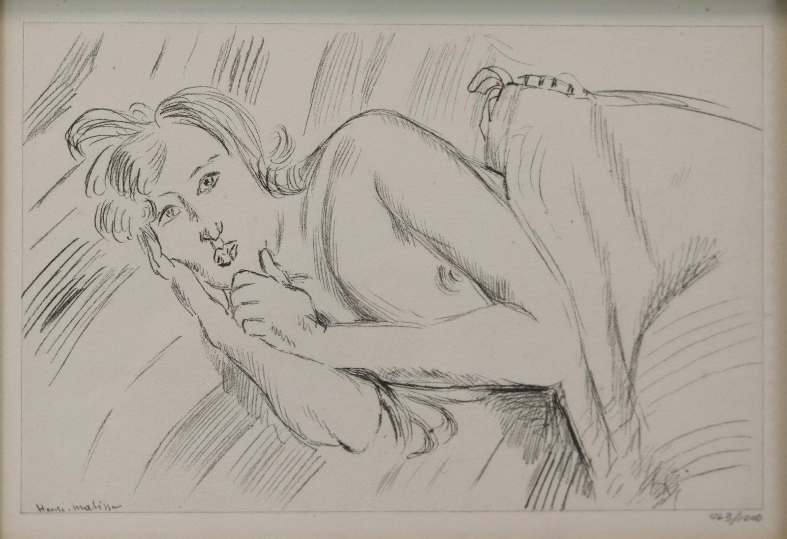 After Henri Matisse (1869-1954) untitled nude lithograph on paper: Excellent overall condition, signed in plate, c. 1920. COA included 11" by 8.5" image, 26" by 22" ext. no.463 of 1000