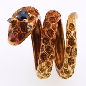18k Gold Textured Snake Natural Sapphire & Diamond Ring 15.9g