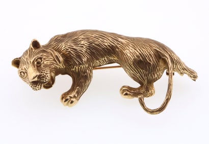 14k Gold Textured Climbing Jungle Cat Pin/Brooch 21.7g