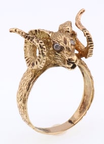 10k Gold Textured Ram's Head with Diamond Eyes Ring 6.4g