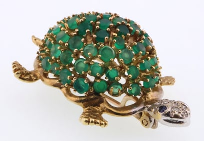 18k Gold Natural Emerald Turtle with Diamond Head Pin 10.3g
