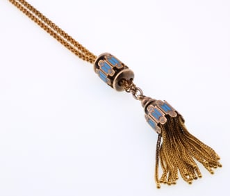 14k Gold Vintage Enameled Slide Necklace with Tassel End 63.2g